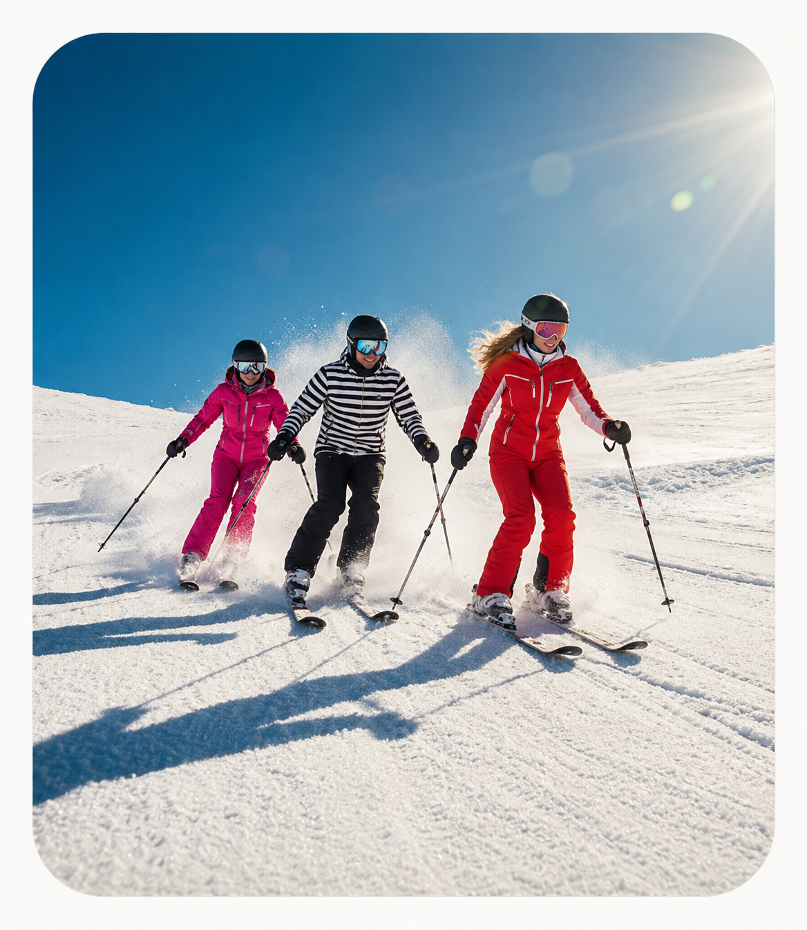 Three helmeted skiers riding together